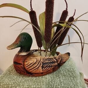 VTG Ceramic Duck Planter Parma By AAI Carved Wood Look Retro Mancave MCM